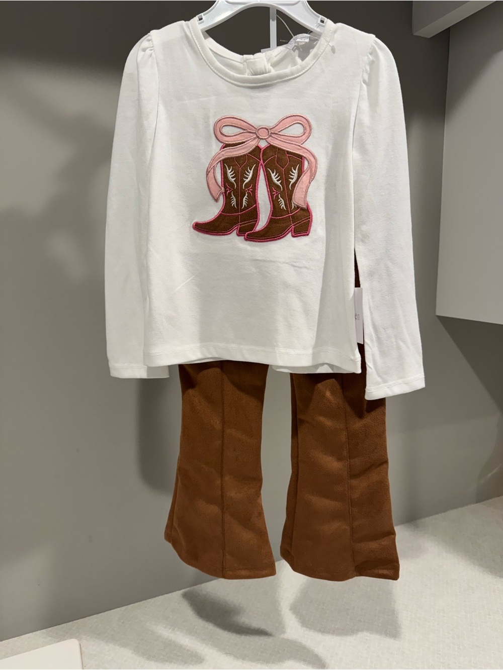 Kids Long Sleeve White Tee with Pink & Brown Boot Appliqué